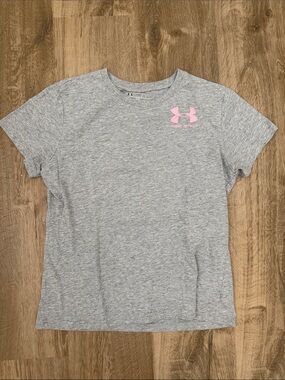 Under Armour Girls' Heather Gray Tee with Pink Logo